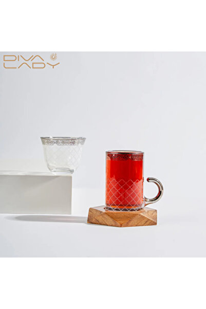 DIVA LADY طقم فاخر من ديفا ليدي – 6 فناجين شاي+ 6فناجين قهوة+6 صحون خشبية – ت...