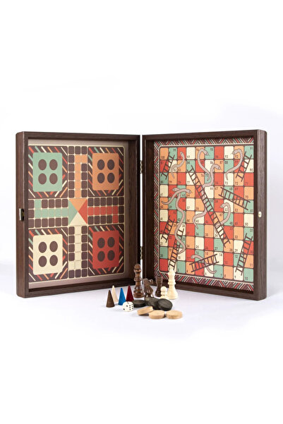 Manopoulos 4-in-1 Vintage Wenge Combo Games Set — Chess, Backgammon, Ludo, Snakes & Ladders