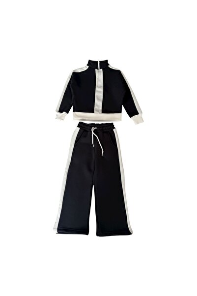 Şekerkids Girl's 3 Thread Cotton Sh Fleece-Lined Smoked Color Sh Striped Detail Winter Tracksuit Set