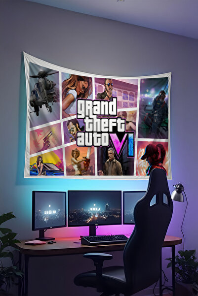 RUGRUMBA Tapiserie de perete GTA cu imprimeu – Tematică pentru jucători, țesătură de calitate, tapiserie de perete