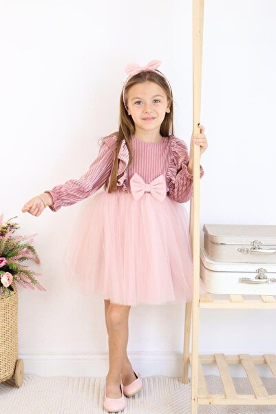 kidello فستان أطفال مخملي بفيونكة وردية مع كشكشة وتنورة من التول