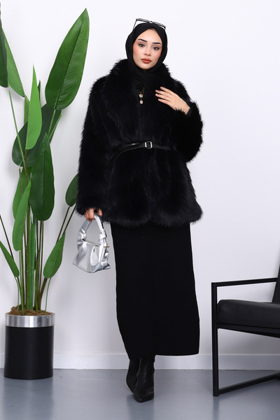 İmajButik Κοντό γούνινο παλτό με μαύρη ζώνη