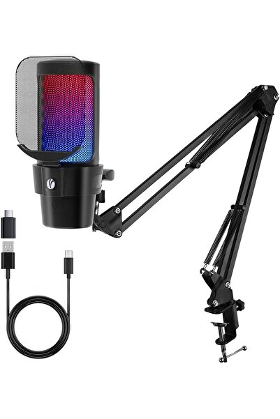 VCOM Gaming USB Microphone, Condenser Mic with Quick Mute, Desktop Stand (Black with Stand)