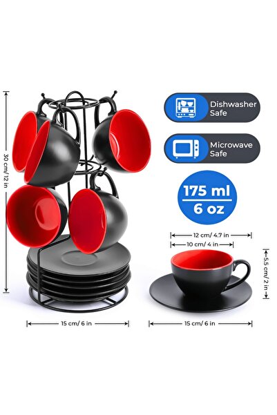 MIAMIO Set of 6 Cappuccino cups with saucer, Le Papillon collection, ceramic, red, 175 ml