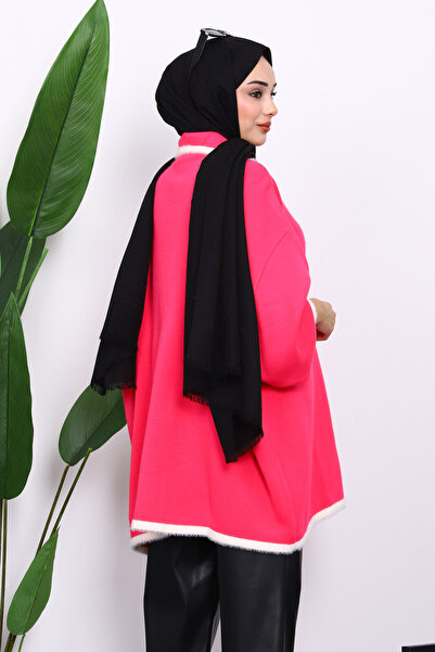 İmajButik Fuchsia Shirt Collar Zippered Knitwear Tunic