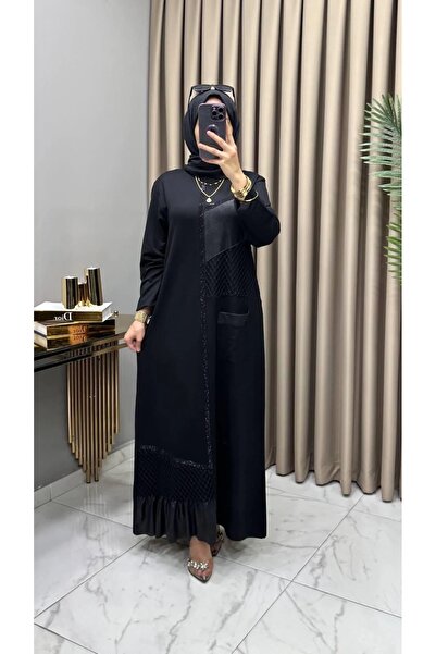 Tex Dantel ve Deri Garnili Siyah Ferace Modeli