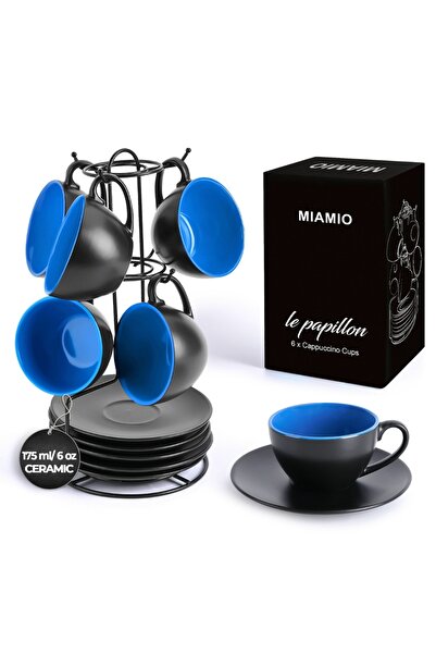 MIAMIO Set of 6 Cappuccino cups with saucer, Le Papillon collection, ceramic, blue, 175 ml