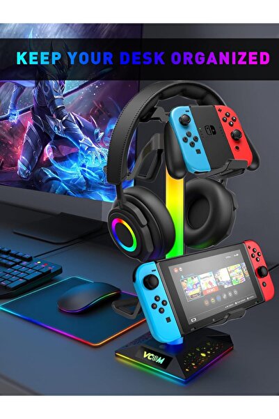 VCOM RGB Headphone Stand with USB & Type-C Ports, Controller Holder, 10 Light Modes (Black)