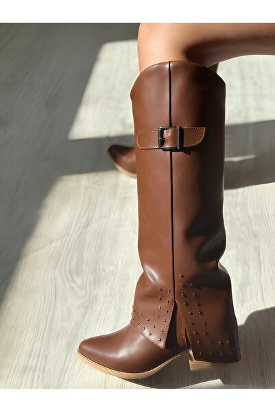 Favi Ayakkabı Taba Cİlt Paça Görünümlü Trok Detaylı Sivri Burun Uzun Tarz Çizme