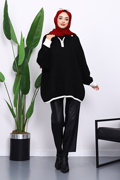 İmajButik Black Shirt Collar Zippered Knitwear Tunic