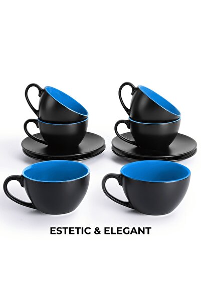 MIAMIO Set of 6 Cappuccino cups with saucer, Le Papillon collection, ceramic, blue, 175 ml