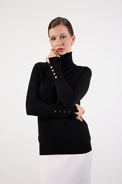 Clothes Fast Women's Black Snap Sleeve Turtleneck Knit Blouse
