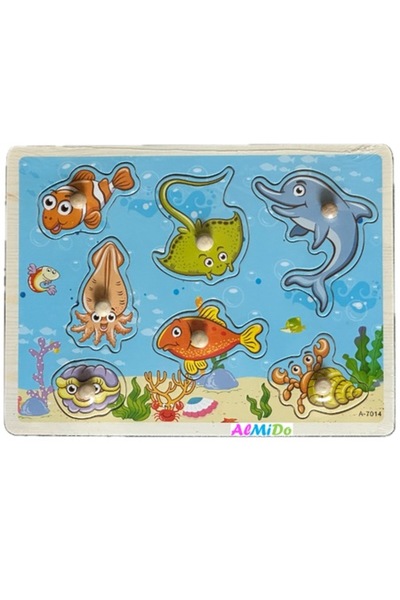 Almido Wooden Insert Puzzle with Helper Handle, Almido, Marine Animals, 7 pie...