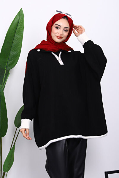 İmajButik Black Shirt Collar Zippered Knitwear Tunic