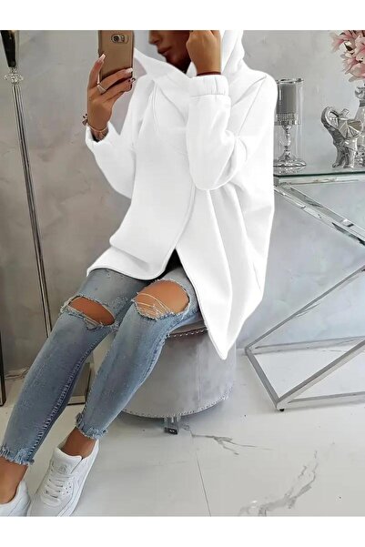 Afri Λευκό Γυναικείο Μπουφάν 3 Νήματα Σ επένδυση fleece K με κουκούλα – Ασύμμετρο με φερμουάρ Oversize