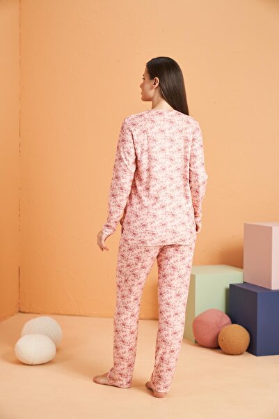 PJS Σετ γυναικεία πιτζάμα με λουλουδάτο κουμπί - Μακρυμάνικο