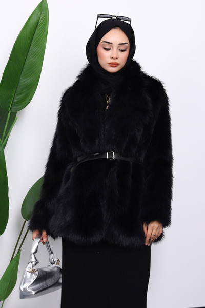 İmajButik Κοντό γούνινο παλτό με μαύρη ζώνη