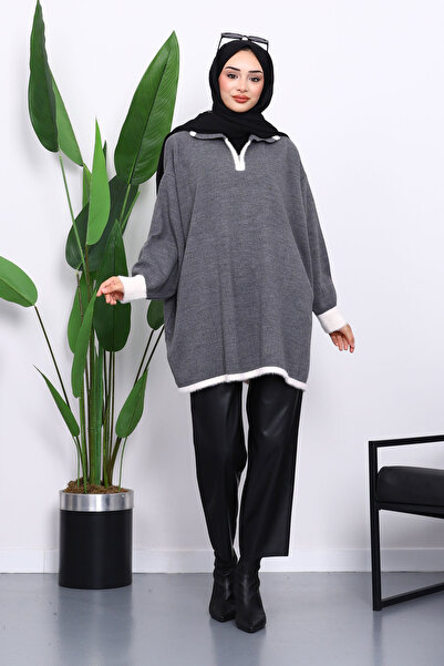 İmajButik Smoked Shirt Collar Zippered Knitwear Tunic