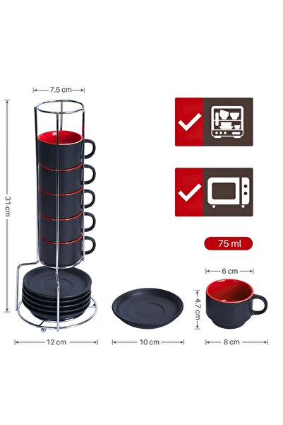 MIAMIO Set of 6 Espresso cups with saucer, Le Papillon collection, ceramic, red, 75 ml