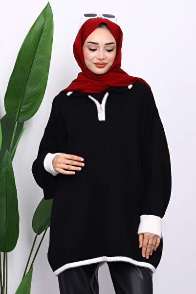 İmajButik Black Shirt Collar Zippered Knitwear Tunic