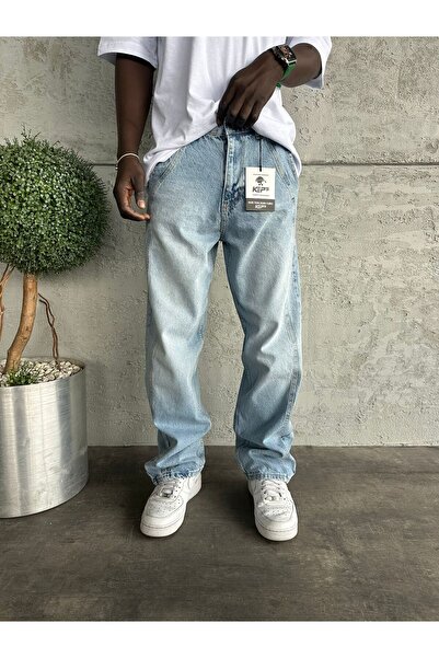 KağanKY Blugi largi, albastru gheață, cu cusături decorative