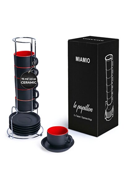 MIAMIO Set of 6 Espresso cups with saucer, Le Papillon collection, ceramic, red, 75 ml