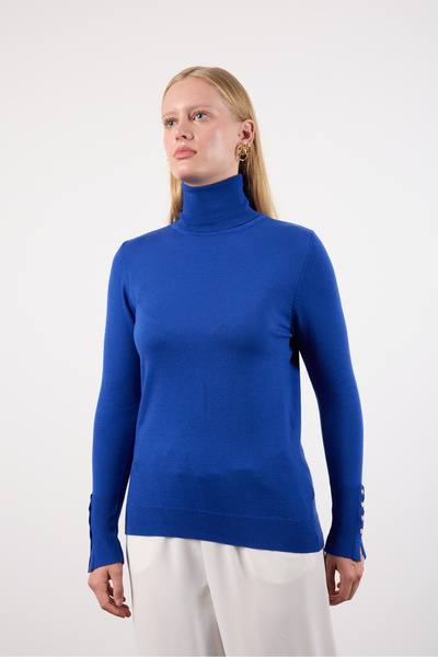 Moda Days Women's Cobalt Blue Snap Button Sleeve Turtleneck Knitwear Blouse