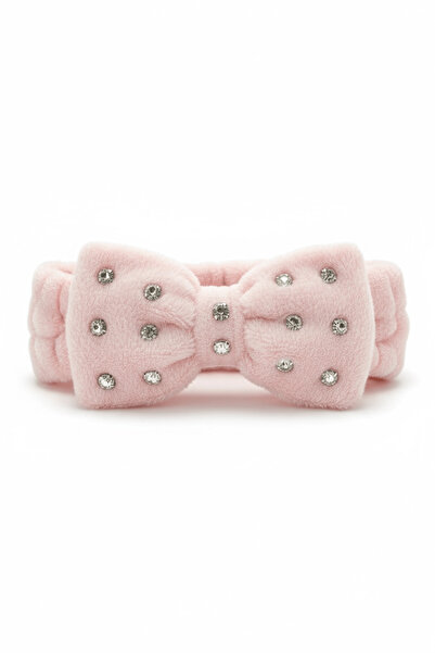 TAKIŞTIR Pink Color Ribbon Figured Stone Detailed Plush Hair Band