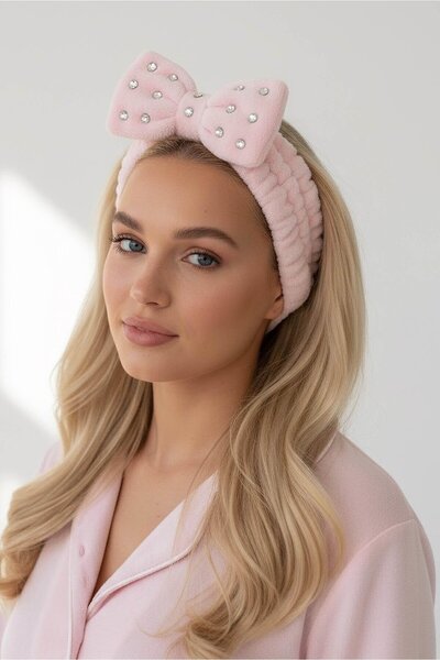 TAKIŞTIR Pink Color Ribbon Figured Stone Detailed Plush Hair Band