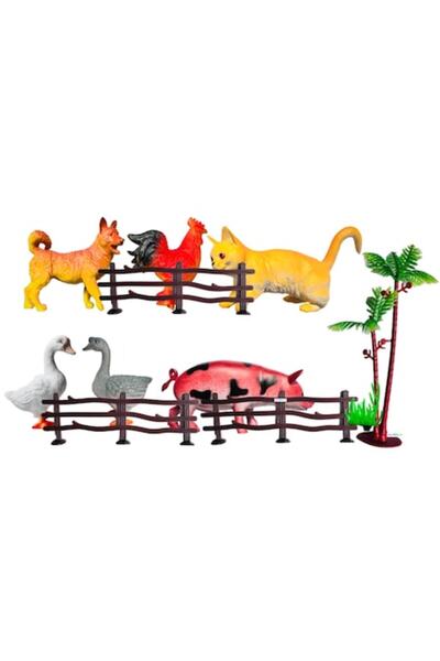 Almido Set de 6 figurine animale de fermă cu gard și palmieri, figurine de fe...