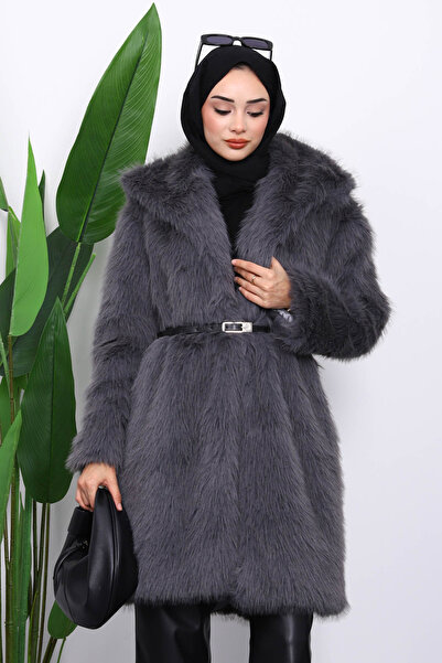 İmajButik Füme Kemerli Astarlı Kürk Kaban