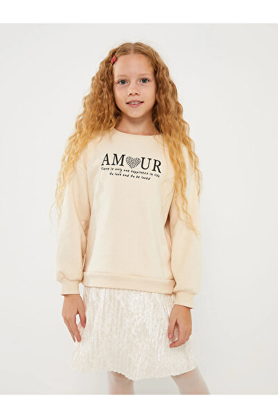LC Waikiki Φόρεμα για κορίτσια με μακρύ μανίκι LCW Kids Beige Crew Neck με τύ...