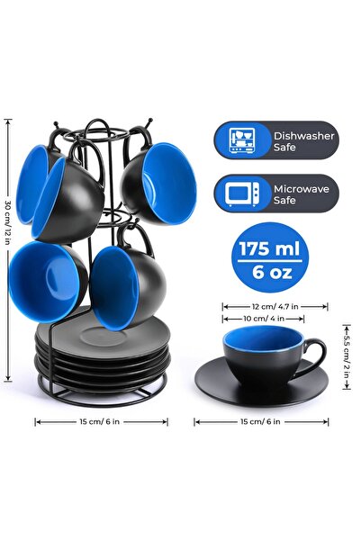 MIAMIO Set of 6 Cappuccino cups with saucer, Le Papillon collection, ceramic, blue, 175 ml