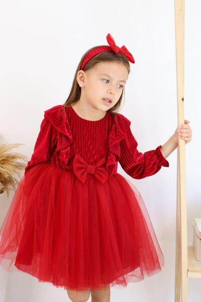 kidello Red Bow Velvet Baby Dress Pleated Ruffled Tulle