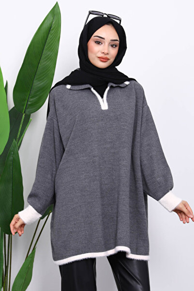 İmajButik Smoked Shirt Collar Zippered Knitwear Tunic