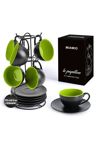 MIAMIO Комплект от 6 чаши за капучино с чинийка, колекция Le Papillon, керами...
