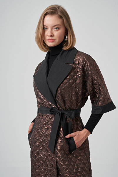 Nuss Belt and Detachable Knitted Sleeve Detail Cap Jacket 6014 Copper