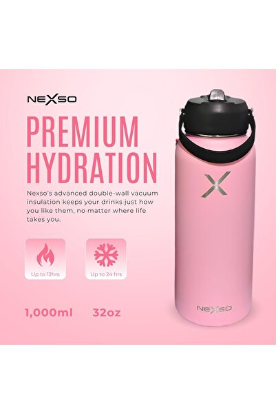 NEXSO 1L Pink Insulated Stainless Steel Water Bottle | Double Wall Thermos with 3 Leak-Proof Lids