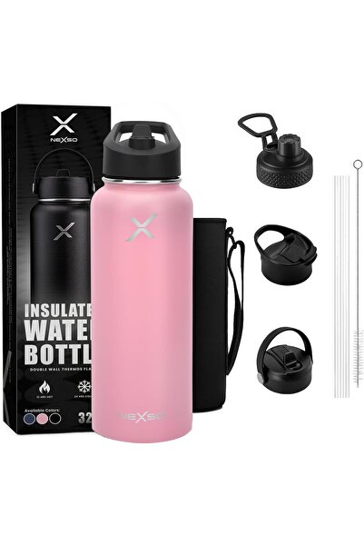 NEXSO 1L Pink Insulated Stainless Steel Water Bottle | Double Wall Thermos with 3 Leak-Proof Lids