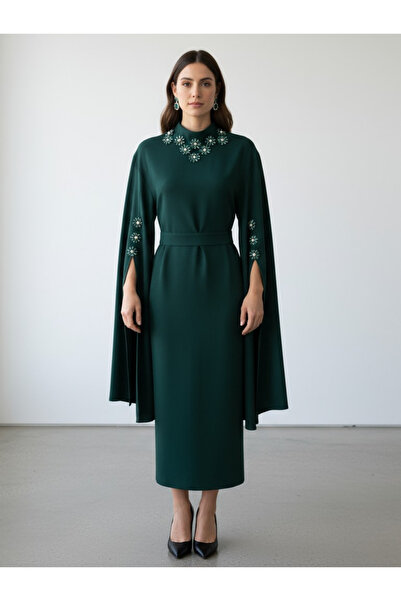SERPİL Taş Detaylı Pelerin Kollu Zarif Midi Elbise 51253