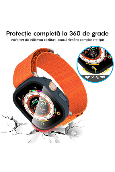 Casey Studios Husă cu Folie Apple Watch Ultra - 49MM, Policarbonat Dur, Slim, Ecran Full Screen Anti-Soc, Albastru Miezul Nopții