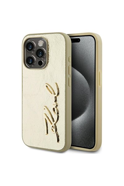 Karl Lagerfeld Husă pentru iPhone 15 Pro, piele rigidă, aurie