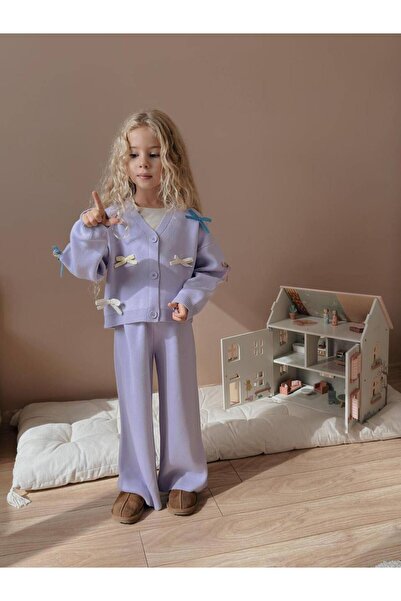 YİGİT BUTİK Girls' Set with Bow Embroidered Knitwear Cardigan