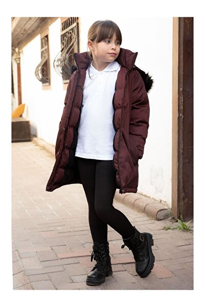 LC Waikiki Bilen Kids, haină de blană bordeaux, căptușită, detașabilă, cu glu...