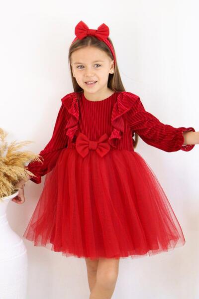 kidello Red Bow Velvet Baby Dress Pleated Ruffled Tulle