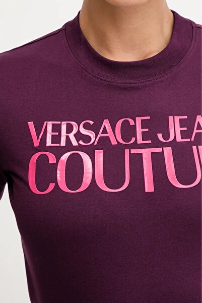 Versace Women's Regular Fit Shiny Letter Logo Crew Neck T-Shirt - Purple