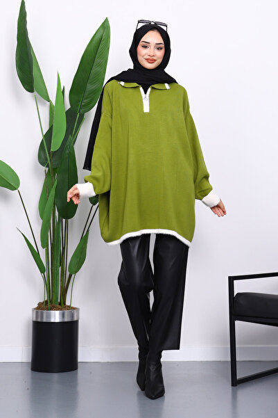 İmajButik Green Shirt Collar Zippered Knitwear Tunic