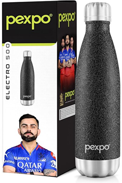 pexpo زجاجة كهربائية من الفولاذ المقاوم للصدأ، 500 مل، أسود - تحافظ على المشر...