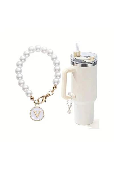 Vira Rise Letter V White Pearl Bead Thermoses Accessory Ornament Jewelry Name...