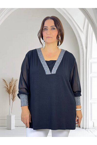 yagmurberen Silvery Sleeves on the Neck and Sleeves Chiffon Mini Slit V-Neck Plus Size Blouse